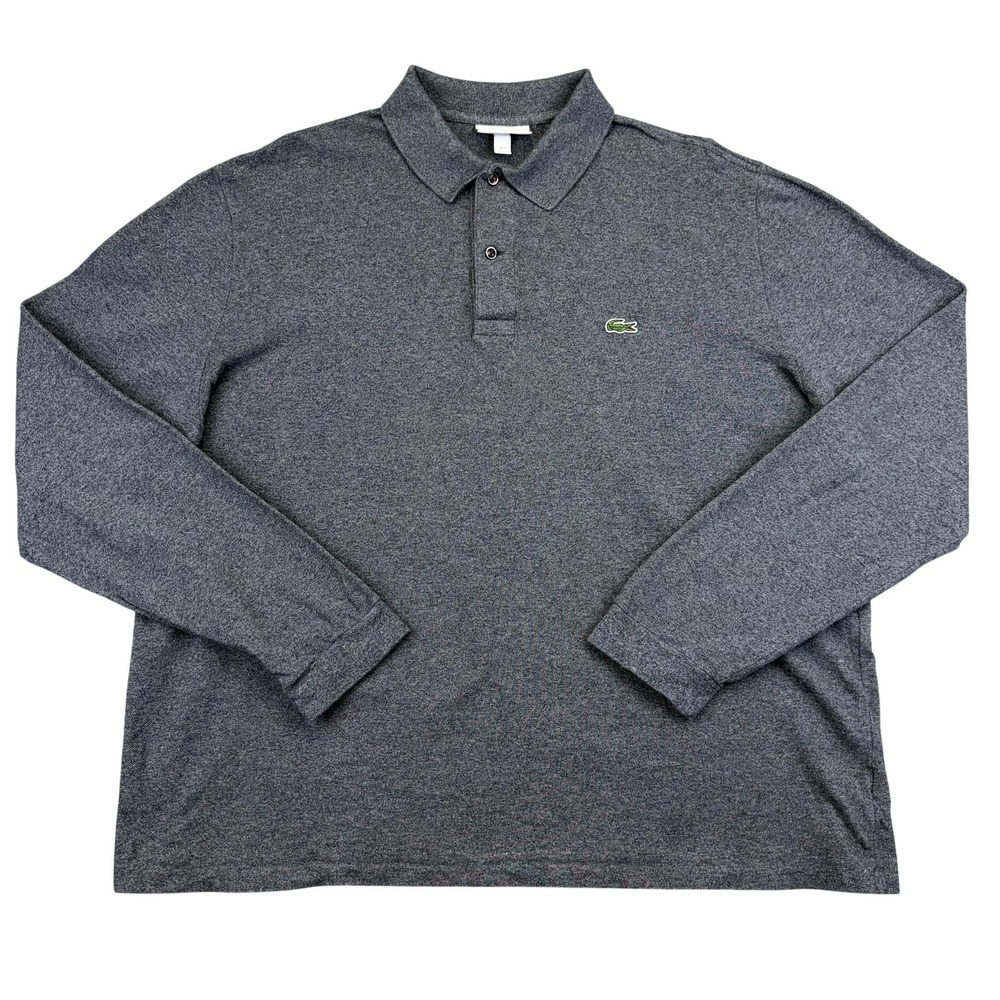 Lacoste Polo Shirt Mens 2XL Gray Classic Fit Long Sleeve Cotton Croc Logo Casual